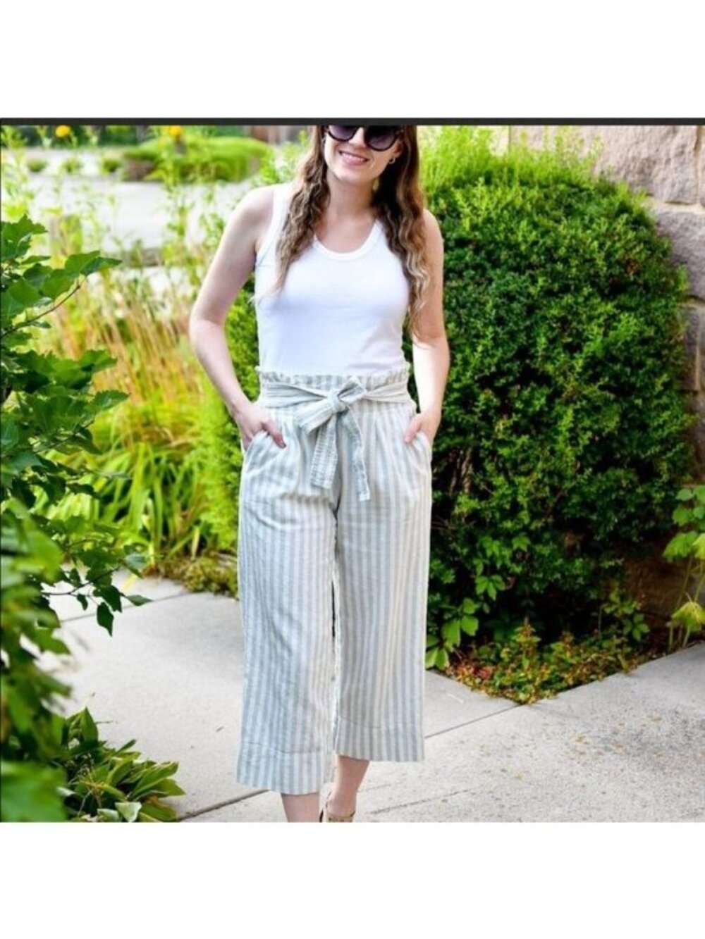 Madewell Tie Waist Linen Cotton pants in blue and white stripe size Small